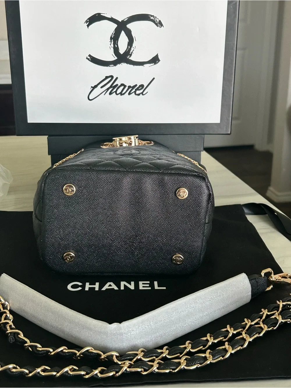 CHANEL Black Quilted Drawstring Bucket Bag with Gold Hardware VIP GWP - Picture 3 of 14
